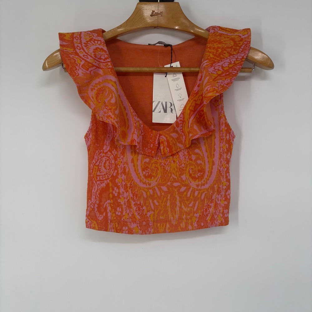 Zara Womens Orange Pink Paisley Jacquard Ruffle V-Neck Crop Top‎ S Coquette Twee